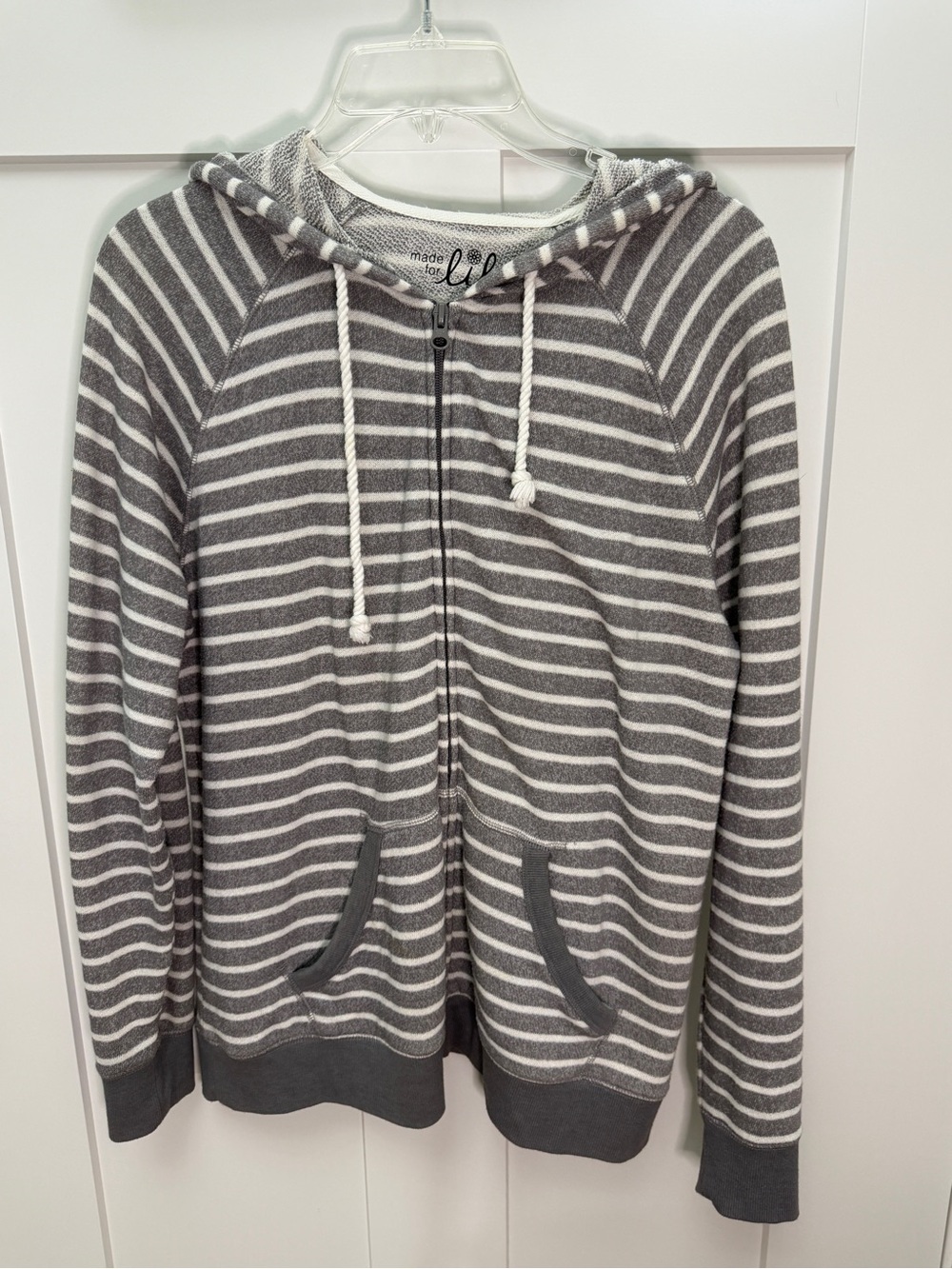 Made for life ladie’s Gray and White Striped Hooded Zip Sweater